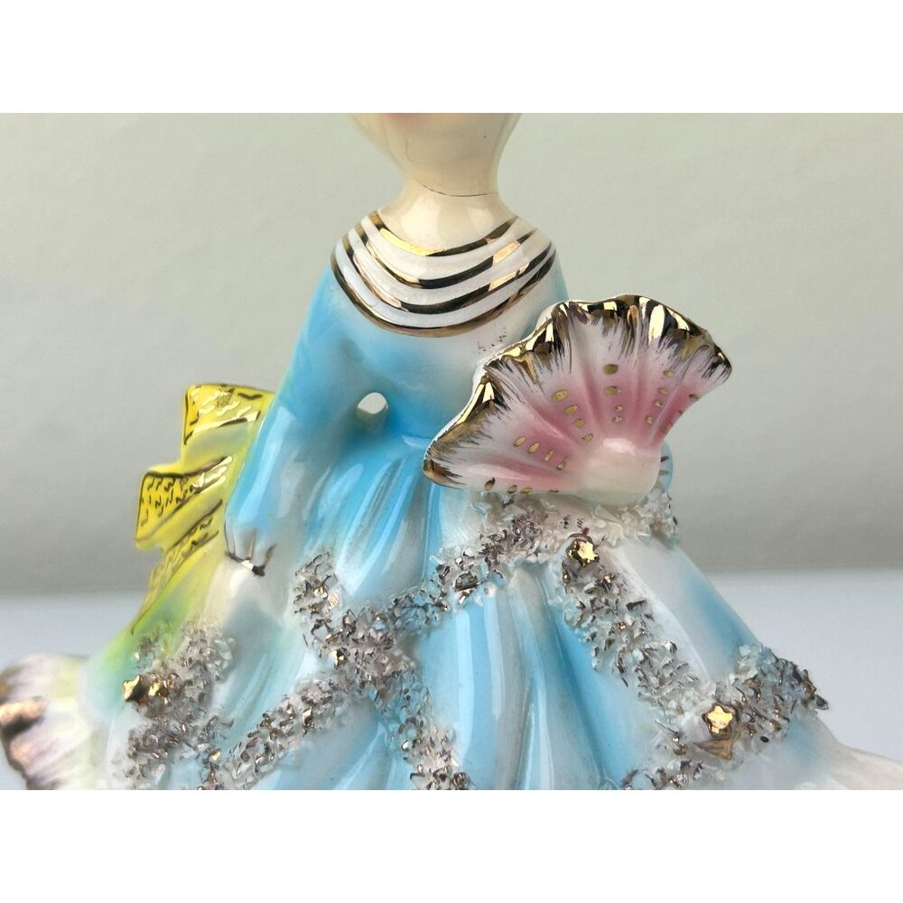 Victoria Ceramics Blue Dress Lady Figure w/ Fan Spaghetti Ceramic REPAIRED READ - Picture 5 of 16